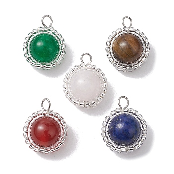 Mixed Gemstone Pendants, Round Charms with Glass Seed Bead Wrapped, Platinum, 18.5x14.5x10mm, Hole: 2.8mm