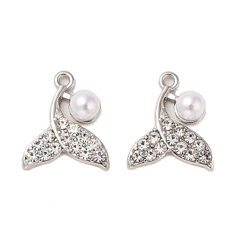 Alloy Rhinestone Pendant, with Imitation Pearl Beads, Whale Tail Shape Charms, Silver, 16.5x14x5.5mm, Hole: 1.4mm