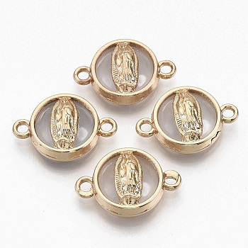 Glass Links connectors, with Light Gold Plated Alloy Findings, Flat Round with Virgin Mary, Clear, 13.5x19.5x5.5mm, Hole: 1.6mm