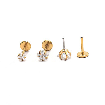 Stainless Steel Clear Cubic Zirconia Threadless Labret Stud, Tragus Stud, Flat Back Earring, Golden, 6mm, Pin: 0.8mm, Head: 4mm