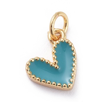 Enamel Charms, with Brass Findings, Heart, Real 18k Gold Plated, Dark Turquoise, 9x7x2.5mm, Hole: 2.5mm