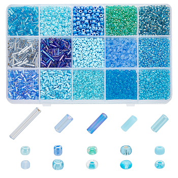 Elite 197G 14 Style Glass Round Seed & Bugle Beads, Silver Lined & Lustered & Rainbow & Opaque & Transparent, Blue, 3~8mm, Hole: 0.5~1mm