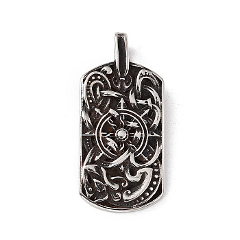 304 Stainless Steel Manual Polishing Pendants, Odin Wolf Amulet Compass Dog Tag Charms, Antique Silver, 47x22x3mm, Hole: 4.5x6mm