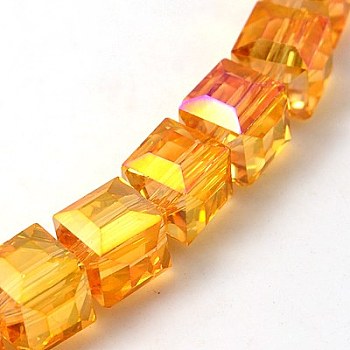 Electorplated Glass Beads, Rainbow Plated, Faceted, Cube, Dark Orange, 9x9x9mm, Hole: 1mm