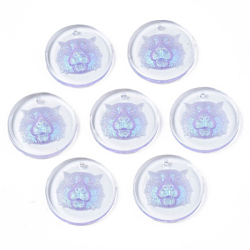 Transparent Resin Pendants, with Glitter Powder, Flat Round with Tiger Head, Lilac, 24.5x3.5mm, Hole: 1.4mm
