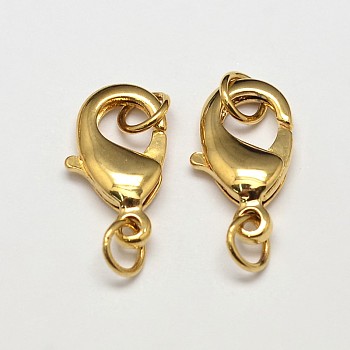 Rack Plating and Vacuum Plating Brass Lobster Claw Clasps for Jewelry Necklace Bracelet Making, with Two Jump Rings, Cadmium Free & Lead Free, Golden, 12x7x3mm, Hole: 3mm