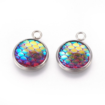 Resin Pendants, with 304 Stainless Steel Finding, Flat Round with Mermaid Fish Scale Shaped, Stainless Steel Color, Deep Pink, 18x14x3.5mm, Hole: 2mm