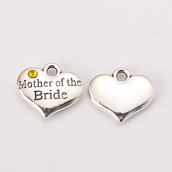 Wedding Theme Antique Silver Tone Tibetan Style Alloy Heart with Mother of the Bride Rhinestone Charms, Cadmium Free & Lead Free, Citrine, 14x16x3mm, Hole: 2mm