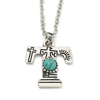 Letter A~Z Antique Silver Plated Alloy with Synthetic Turquoise Pendant Necklaces, with Iron Cable Chains, Letter T, 18.70 inch(475mm), Letter T: 25.5x23mm