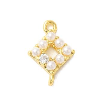 Rack Plating Brass Clear Cubic Zirconia Connector Charms, ABS Imitation Pearl Links, Real 18K Gold Plated, Long-Lasting Plated, Lead Free & Cadmium Free, Rhombus, 14x9.5x3.5mm, Hole: 1.2mm