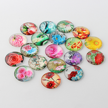 Flower Printed Glass Flatback Cabochons, Half Round/Dome, Mixed Color, 12x4mm