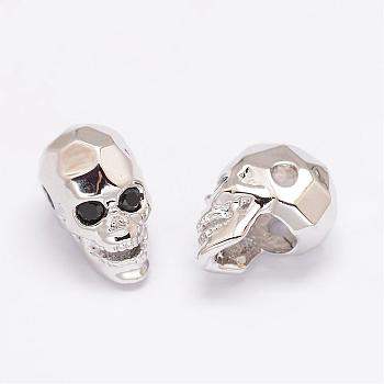 Brass Micro Pave Cubic Zirconia Beads, Skull, Lead Free & Nickel Free & Cadmium Free, Real Platinum Plated, 13x8x9.5mm, Hole: 2mm