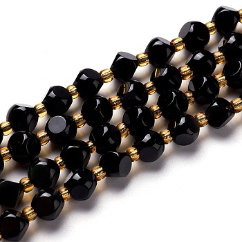 Natural Obsidian Beads Strands, with Seed Beads, Six Sided Celestial Dice, 6~6.5x6~6.5x6~6.5mm, Hole: 0.5mm, about 24pcs/strand, 7.97''(20.25cm)