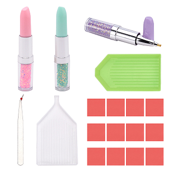 Lipstick Shape Plastic Nail Art Rhinestones Picker Pen, with Rhinestone Drill Point Plate and 304 Stainless Steel Beading Tweezers, Mixed Color, Pen: 101x18.5mm, head tray: 2mm, 3pcs/set