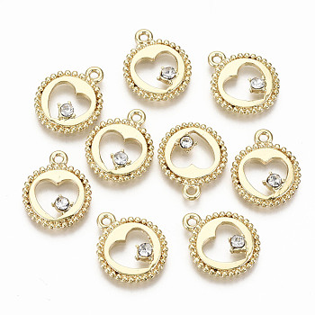 Alloy Pendants, with Rhinestone, Cadmium Free & Nickel Free & Lead Free, Flat Round with Hollow Heart, Crystal, Light Gold, 16x13x2.5mm, Hole: 1.4mm