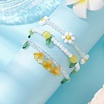 3Pcs 3 Colors Acrylic Charms Bracelets Sets for Women, with Glass Seed Beads and Cat Eye Beads, Gold, Inner Diameter: 2-1/4~2-3/8 inch(5.85~5.95cm), 1pc/style,(X1-BJEW-TA00577-01)
