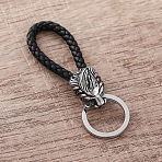 Braided PU Leather Keychains, Wolf, with 304 Stainless Steel Split Key Rings, Stainless Steel Color, Black, 65mm(RE1354)