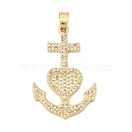 Brass Micro Pave Clear Cubic Zirconia Pendants, Long-Lasting Plated, Rack Plating, Lead Free & Cadmium Free, Anchor with Heart Charms, Real 18K Gold Plated, 36.5x23.5x3mm, Hole: 6x4mm(KK-H267-39G)