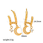 304 Stainless Steel Pave Clear Cubic Zirconia Dangle Earrings, Golden, Moon, 14.5x10mm(WG245AC-02)