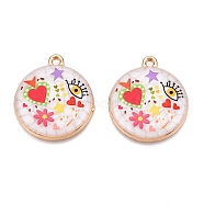 Printed Rack Plating Alloy Enamel Pendants, Golden, Flat Round with Eye & Heart Charm, Colorful, 28.5x25x4mm, Hole: 1.8mm(ENAM-T020-02G)