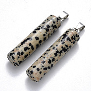 Natural Dalmatian Jasper  Pendants, with Platinum Tone Iron Pinch Bail, Column, 43~46x10mm, Hole: 4x7mm(G-R456-02)