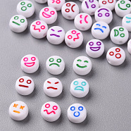 White Opaque Acrylic Beads, Flat Round with Expression, Mixed Color, 7x4mm, Hole: 1.6mm, about 3650pcs/500g(MACR-N008-42-A)