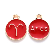 Alloy Enamel Pendants, Cadmium Free & Lead Free, Flat Round with Constellation, Light Gold, Red, Aries, 15x12x2mm, Hole: 1.5mm(X-ENAM-S124-01B-07A)