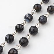 Natural Striped Agate/Banded Agate Handmade Beaded Chains, Unwelded, with Iron Eye Pin, Platinum, Black, 39.37 inch(AJEW-JB00251-04)