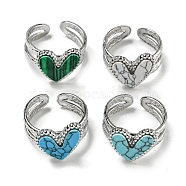 304 Stainless Steel Open Cuff Rings, Synthetic Malachite & Turquoise Heart Finger Rings for Women Men, Stainless Steel Color, Adjustable(RJEW-C079-08P)