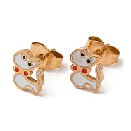 Ion Plating(IP) 304 Stainless Steel Stud Earrings with Red Enamel, Cat Shape, Real 18K Gold Plated, 7.5x6mm(EJEW-Q783-10G)