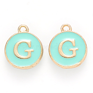 Golden Plated Alloy Enamel Charms, Cadmium Free & Lead Free, Enamelled Sequins, Flat Round with Letter, Turquoise, Letter.G, 14x12x2mm, Hole: 1.5mm(ENAM-S118-05G)