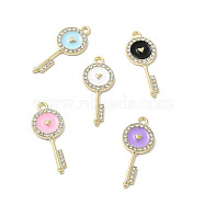 Alloy Enamel Pendants, with Crystal Rhinestone, Keys with Heart Charms, Golden, Mixed Color, 31x12.5x2mm, Hole: 1.8mm(ENAM-B050-08G)
