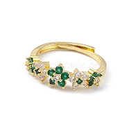 Green Cubic Zirconia Flower Adjustable Ring, Brass Jewelry for Women, Lead Free & Cadmium Free, Real 18K Gold Plated, US Size 6(16.5mm)(RJEW-K240-09G)