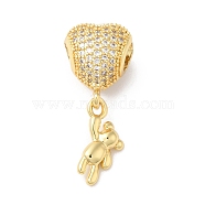 Rack Plating Brass Micro Pave Cubic Zirconia European Dangle Charms, Large Hole Pendants, Long-Lasting Plated, Cadmium Free & Lead Free, Heart & Bear, Real 18K Gold Plated, 28x11.5x10mm, Hole: 4.8mm(KK-R144-08G)