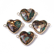 Assembled Bronzite & Imperial Jasper Links connectors, with Golden Plated Brass Loops, Heart, Golden, Teal, 21x29x7~8mm, Hole: 2.5mm(G-S366-035A)