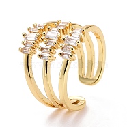 Three Line Cubic Zirconia Cuff Ring, Real 18K Gold Plated Brass Hollow Wide Open Ring for Women, Lead Free & Cadmium Free, Clear, US Size 7 3/4(17.9mm)(RJEW-E170-02G)