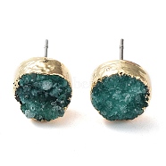 Natural Druzy Agate Stud Earrings, with Golden Plated Brass Findings, Flat Round, Turquoise, 7~8x5~8mm, Pin: 0.8mm(EJEW-L168-02A)