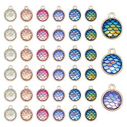 PANDAHALL ELITE 36Pcs 6 Colors Light Gold Alloy Resin Charms, Flat Round with Mermaid Fish Scale Shaped, Mixed Color, 15x12x4mm, Hole: 1.8mm, 6pcs/color(PALLOY-PH0001-82LG)