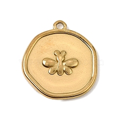 304 Stainless Steel Pendants, Flat Round with Bee Charms, Ion Plating(IP), Real 18K Gold Plated, 17x15.5x2mm, Hole: 1.4mm(SA-CBAA487-17G)