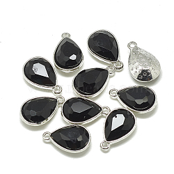 Alloy Glass Pendants, Faceted, teardrop, Platinum, Black, 19x12x6mm, Hole: 1.5mm(PALLOY-T028-10x14mm-02)