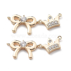 Brass Clear Cubic Zirconia Connector Charms, Cadmium Free & Nickel Free & Lead Free, Bowknot & Crown, Real 18K Gold Plated, 9.5x26x2.5mm, Hole: 0.7mm & 0.8mm(KK-G523-09G)