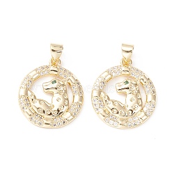 Brass Micro Pave Clear Cubic Zirconia Pendants, Long-Lasting Plated, Cadmium Free & Lead Free, Flat Round with Leopard, Real 18K Gold Plated, 25x18x3mm, Hole: 4x3mm(KK-D067-17G-RS)