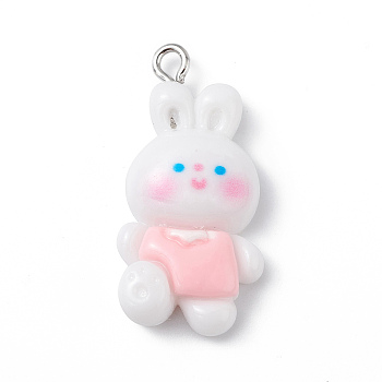 Opaque Resin Pendants, Rabbit Charms, with Platinum Tone Iron Loops, Rabbit, 32x15.5x6.5mm, Hole: 2mm