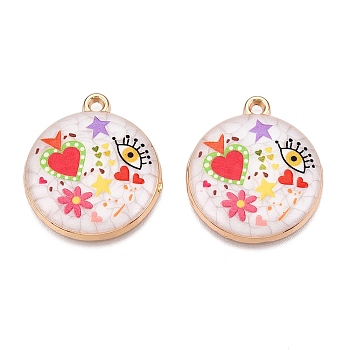 Printed Rack Plating Alloy Enamel Pendants, Golden, Flat Round with Eye & Heart Charm, Colorful, 28.5x25x4mm, Hole: 1.8mm