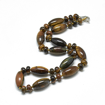 Natural Tiger Eye Beaded Necklaces, with Alloy Lobster Clasps, 18.1 inch~18.5  inch(46~47cm), Oval: 20x10mm