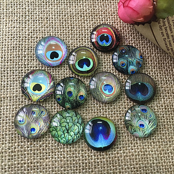 K5 Glass Cabochons, Half Round with Peacock Feather Pattern, Mixed Color, 25mm