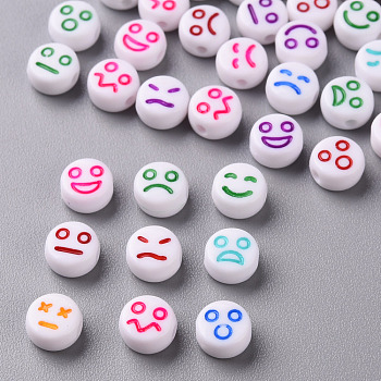 White Opaque Acrylic Beads, Flat Round with Expression, Mixed Color, 7x4mm, Hole: 1.6mm, about 3650pcs/500g
