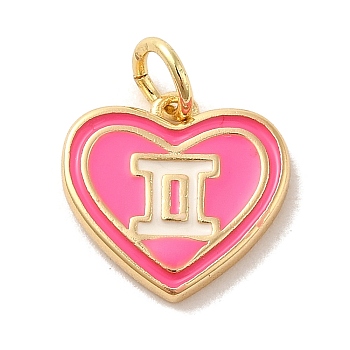 Real 18K Gold Plated Brass Enamel Pendants, with Jump Ring, Heart with Constellation Charm, Gemini, 12x13x1.5mm, Hole: 3.4mm