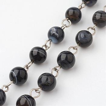 Natural Striped Agate/Banded Agate Handmade Beaded Chains, Unwelded, with Iron Eye Pin, Platinum, Black, 39.37 inch