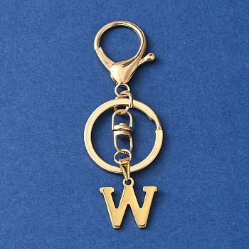 304 Stainless Steel Initial Letter Charm Keychains, with Alloy Clasp, Golden, Letter W, 8.5cm